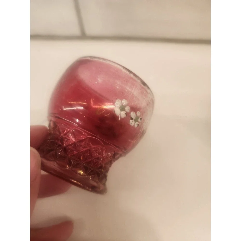 Two Antique EAPG Pink Hand Painted Enamel Daisies Toothpick Holder Flashed Color
